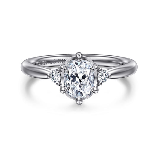 14K White Gold Elongated Cushion Three Stone Diamond Engagement Ring — Gabriel & Co. ER16200G6W44JJ; center stone shown for illustration, not included