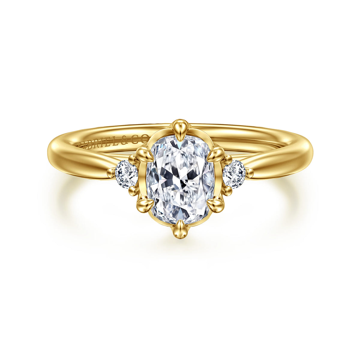 14K Yellow Gold Elongated Cushion Three Stone Diamond Engagement Ring — Gabriel & Co. ER16200G6Y44JJ; center stone shown for illustration, not included