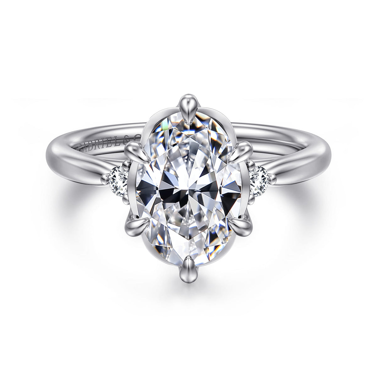 14K White Gold Oval Three Stone Diamond Engagement Ring — Gabriel & Co. ER16200O8W44JJ; center stone shown for illustration, not included