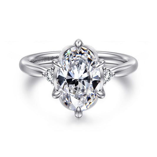 14K White Gold Oval Three Stone Diamond Engagement Ring — Gabriel & Co. ER16200O8W44JJ; center stone shown for illustration, not included