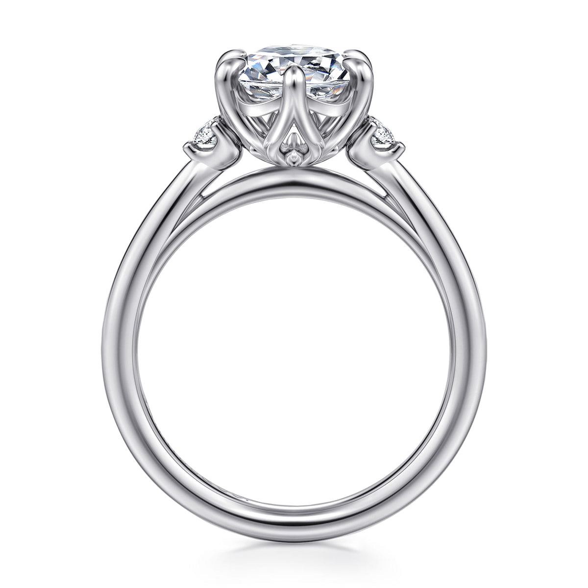 14K White Gold Oval Three Stone Diamond Engagement Ring — Gabriel & Co. ER16200O8W44JJ; center stone shown for illustration, not included