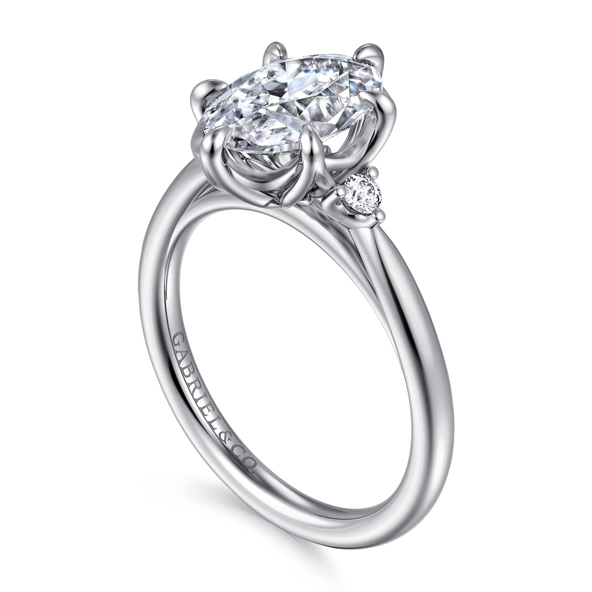 14K White Gold Oval Three Stone Diamond Engagement Ring — Gabriel & Co. ER16200O8W44JJ; center stone shown for illustration, not included