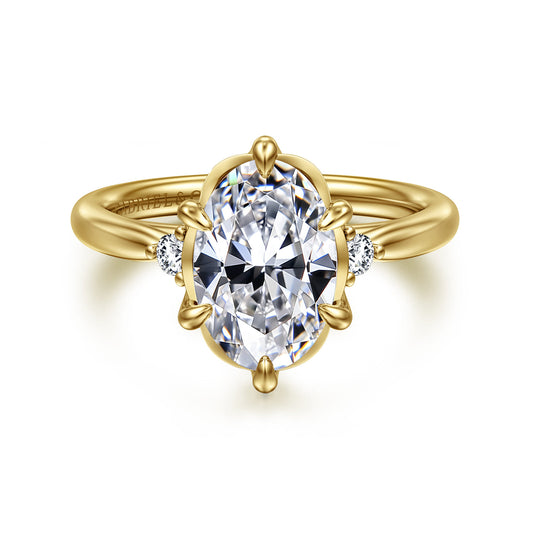 14K Yellow Gold Oval Three Stone Diamond Engagement Ring — Gabriel & Co. ER16200O8Y44JJ; center stone shown for illustration, not included