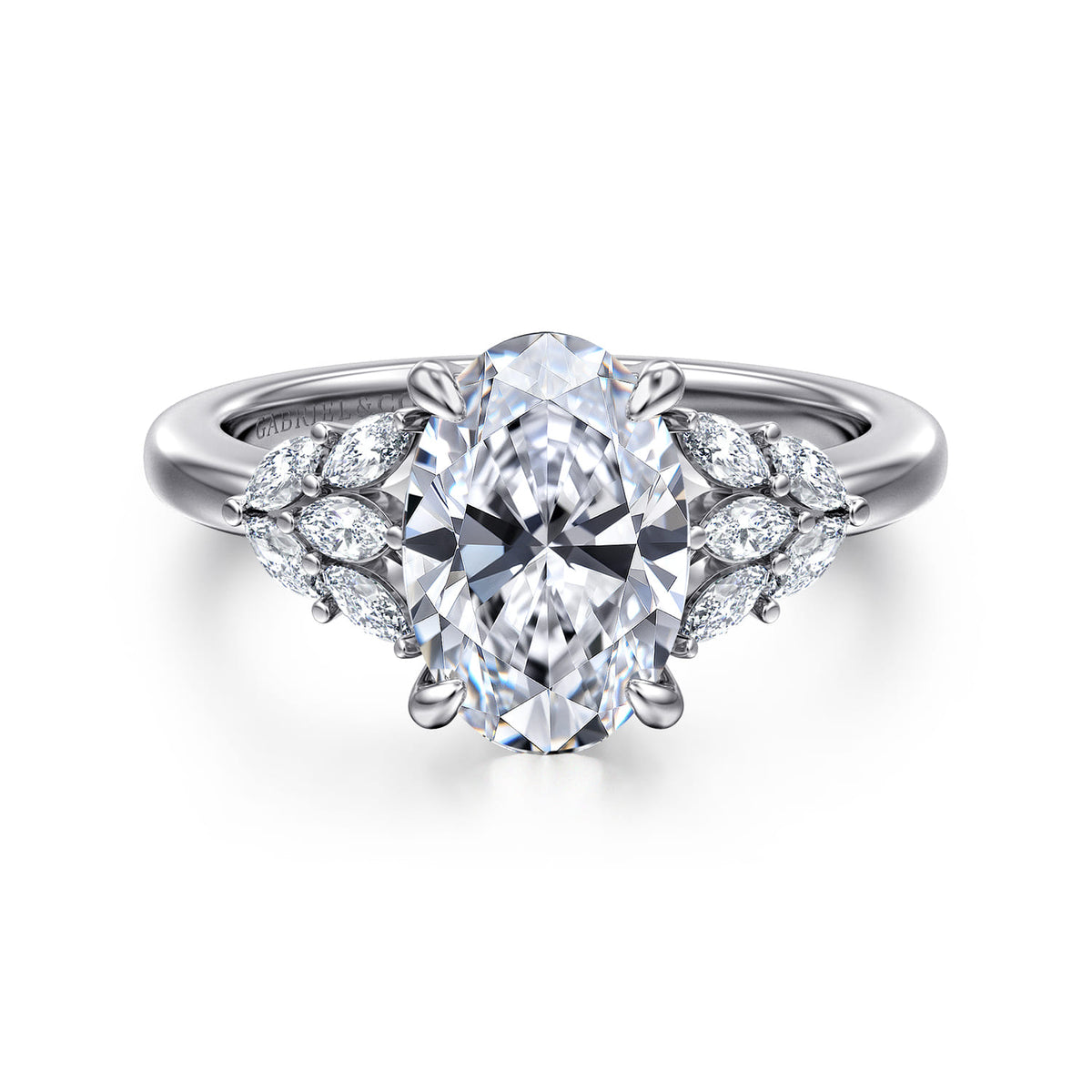 14K White Gold Oval Diamond Engagement Ring — Gabriel & Co. ER16202O8W43JJ; center stone shown for illustration, not included