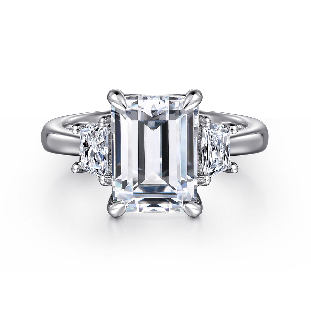 14K White Gold Trapezoid Cut Three Stone Diamond Engagement Ring — Gabriel & Co. ER16220E12W43JJ; center stone shown for illustration, not included