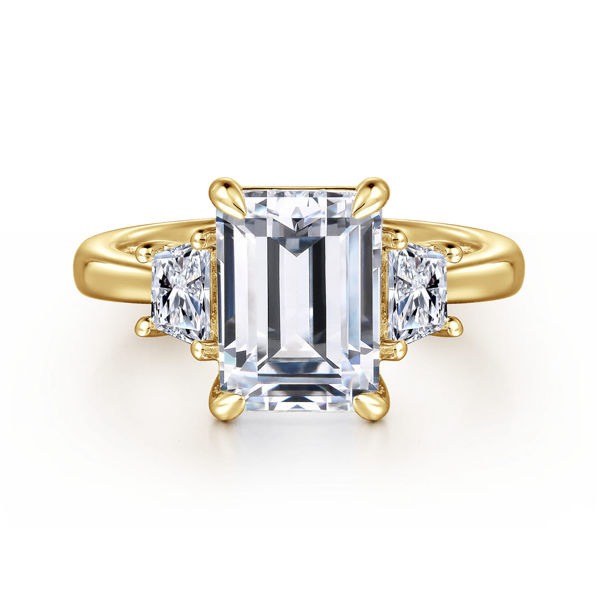 14K Yellow Gold Trapezoid Cut Three Stone Diamond Engagement Ring — Gabriel & Co. ER16220E12Y43JJ; center stone shown for illustration, not included