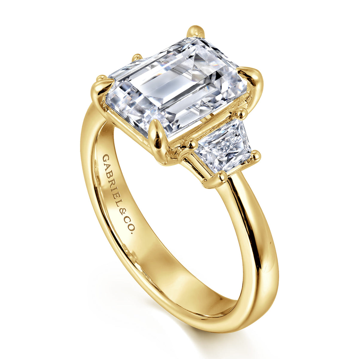 14K Yellow Gold Trapezoid Cut Three Stone Diamond Engagement Ring — Gabriel & Co. ER16220E12Y43JJ; center stone shown for illustration, not included