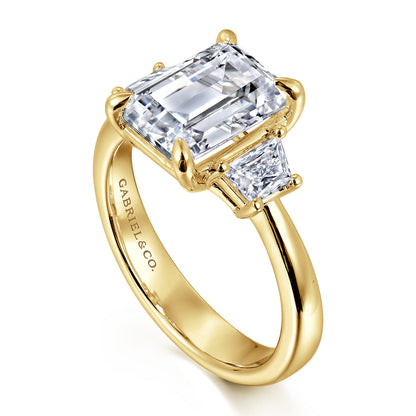 14K Yellow Gold Trapezoid Cut Three Stone Diamond Engagement Ring — Gabriel & Co. ER16220E12Y43JJ; center stone shown for illustration, not included