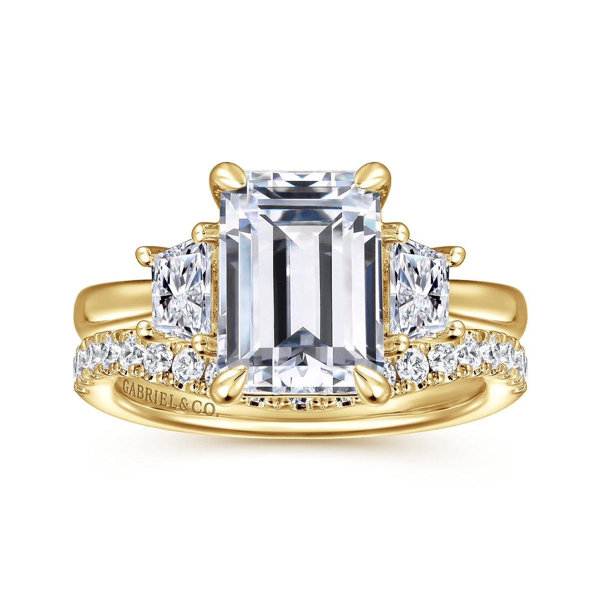 14K Yellow Gold Trapezoid Cut Three Stone Diamond Engagement Ring — Gabriel & Co. ER16220E12Y43JJ; center stone shown for illustration, not included