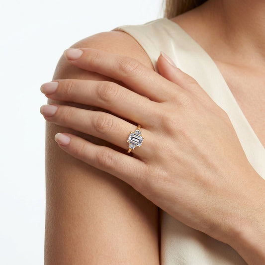14K Yellow Gold Trapezoid Cut Three Stone Diamond Engagement Ring — Gabriel & Co. ER16220E12Y43JJ; center stone shown for illustration, not included