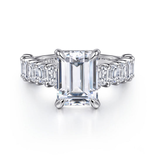 14K White Gold Emerald Cut Diamond Engagement Ring — Gabriel & Co. ER16221E12W43JJ; center stone shown for illustration, not included