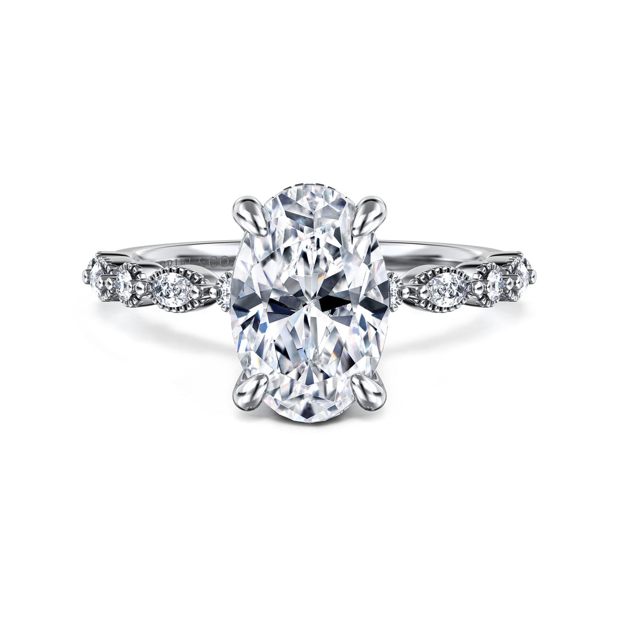 14K White Gold Oval Diamond Engagement Ring — Gabriel & Co. ER16233O8W44JJ; center stone shown for illustration, not included
