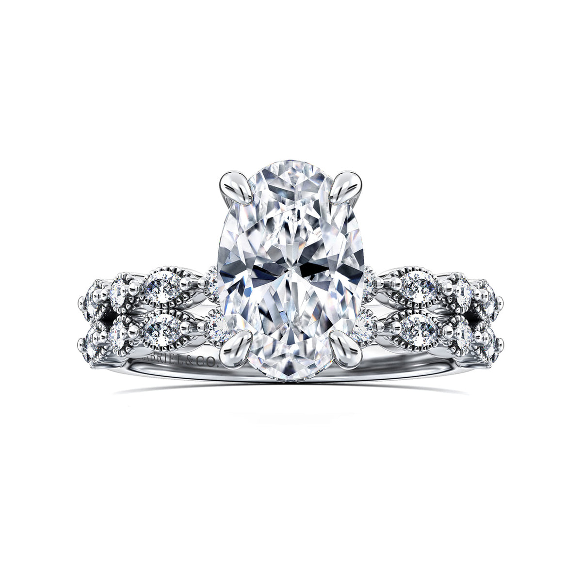 14K White Gold Oval Diamond Engagement Ring — Gabriel & Co. ER16233O8W44JJ; center stone shown for illustration, not included