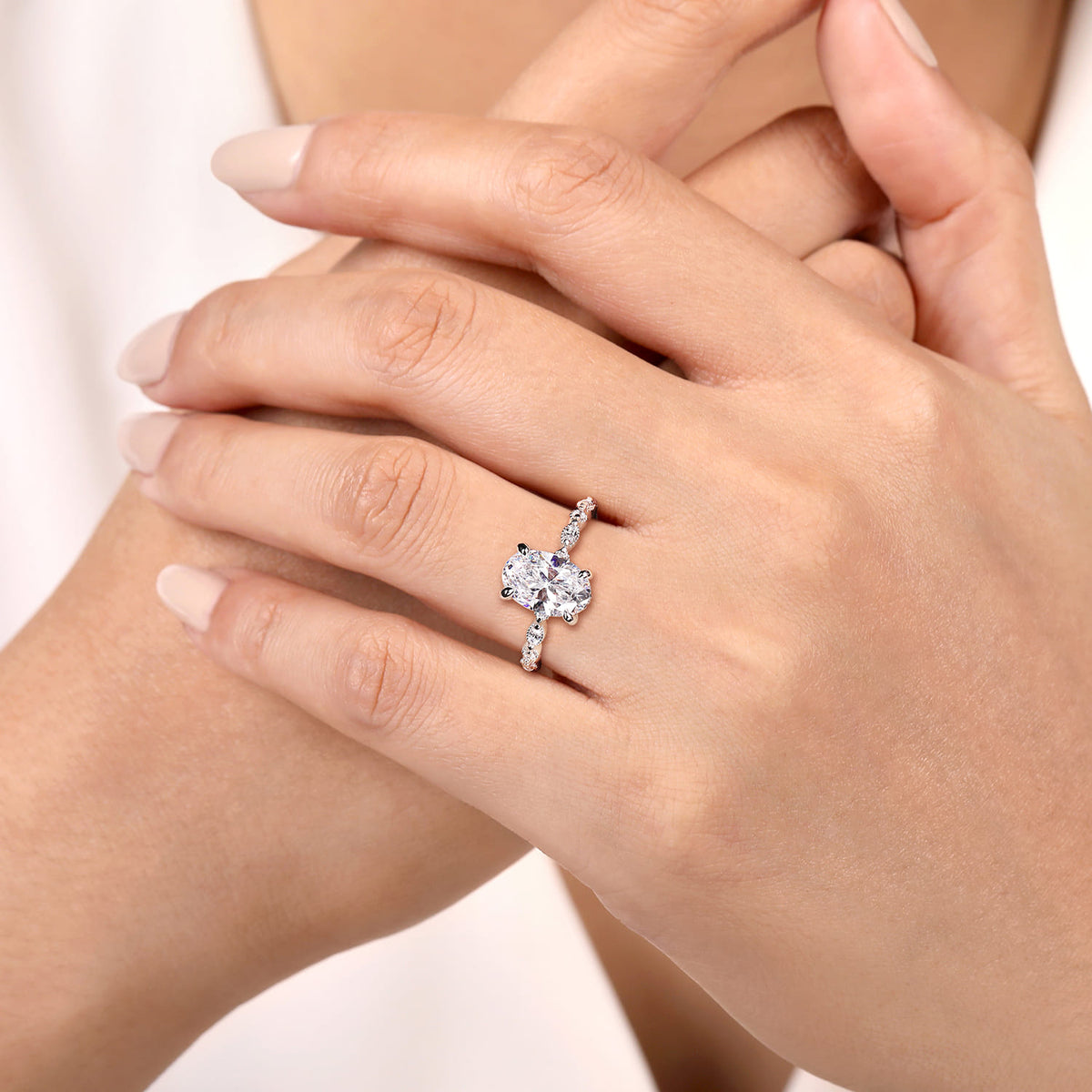 14K White Gold Oval Diamond Engagement Ring — Gabriel & Co. ER16233O8W44JJ; center stone shown for illustration, not included