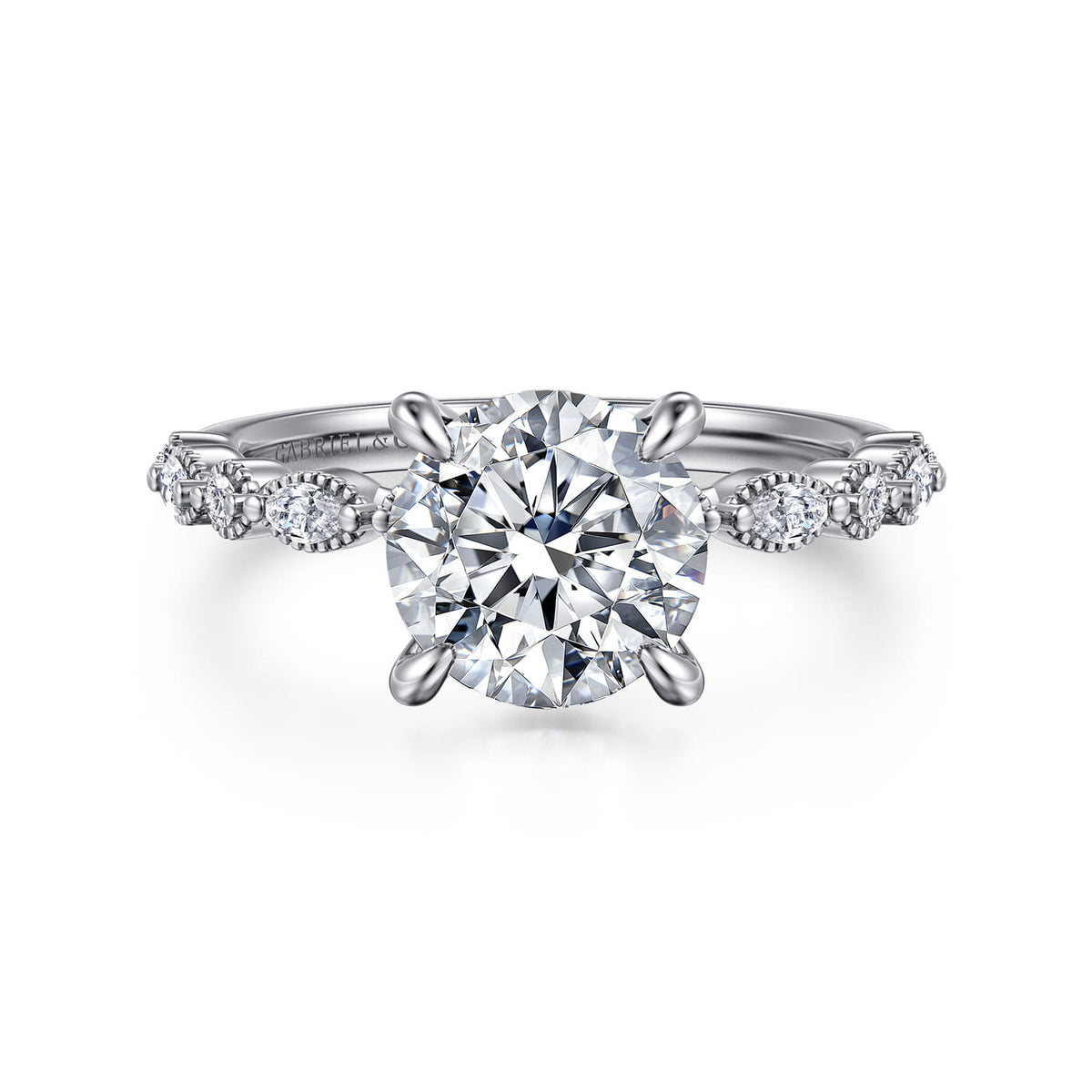 14K White Gold Round Diamond Engagement Ring — Gabriel & Co. ER16233R8W44JJ; center stone shown for illustration, not included