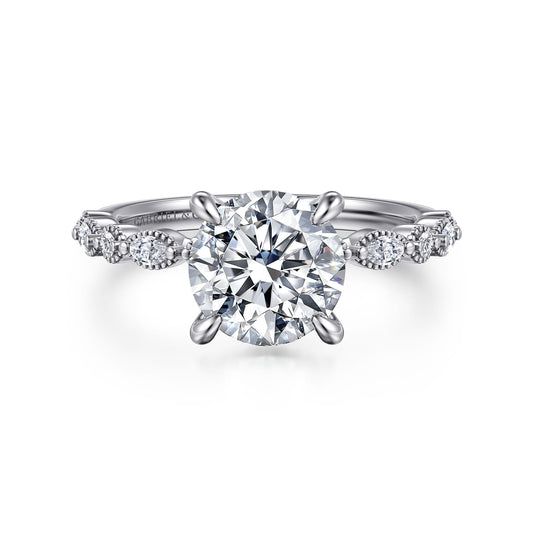 14K White Gold Round Diamond Engagement Ring — Gabriel & Co. ER16233R8W44JJ; center stone shown for illustration, not included