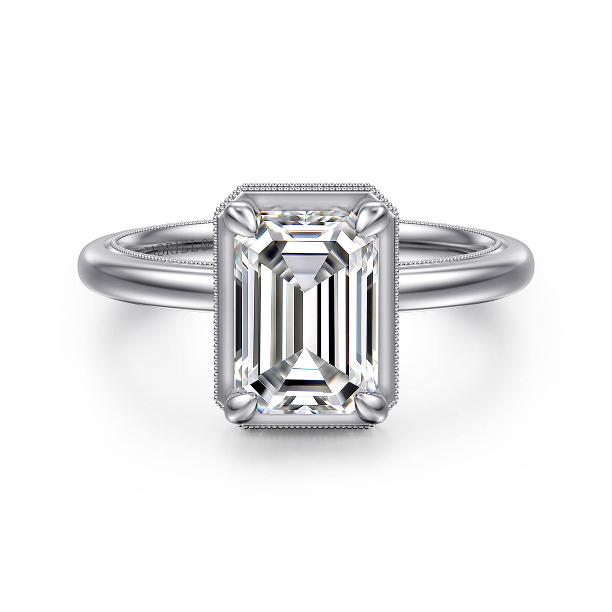 14K White Gold Bezel Prong Emerald Cut  Diamond Engagement Ring — Gabriel & Co. ER16238E8W44JJ; center stone shown for illustration, not included