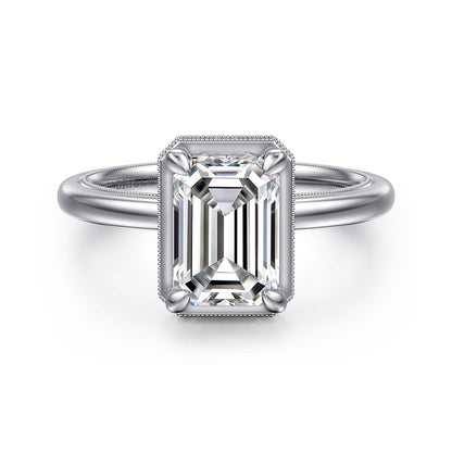 14K White Gold Bezel Prong Emerald Cut  Diamond Engagement Ring — Gabriel & Co. ER16238E8W44JJ; center stone shown for illustration, not included