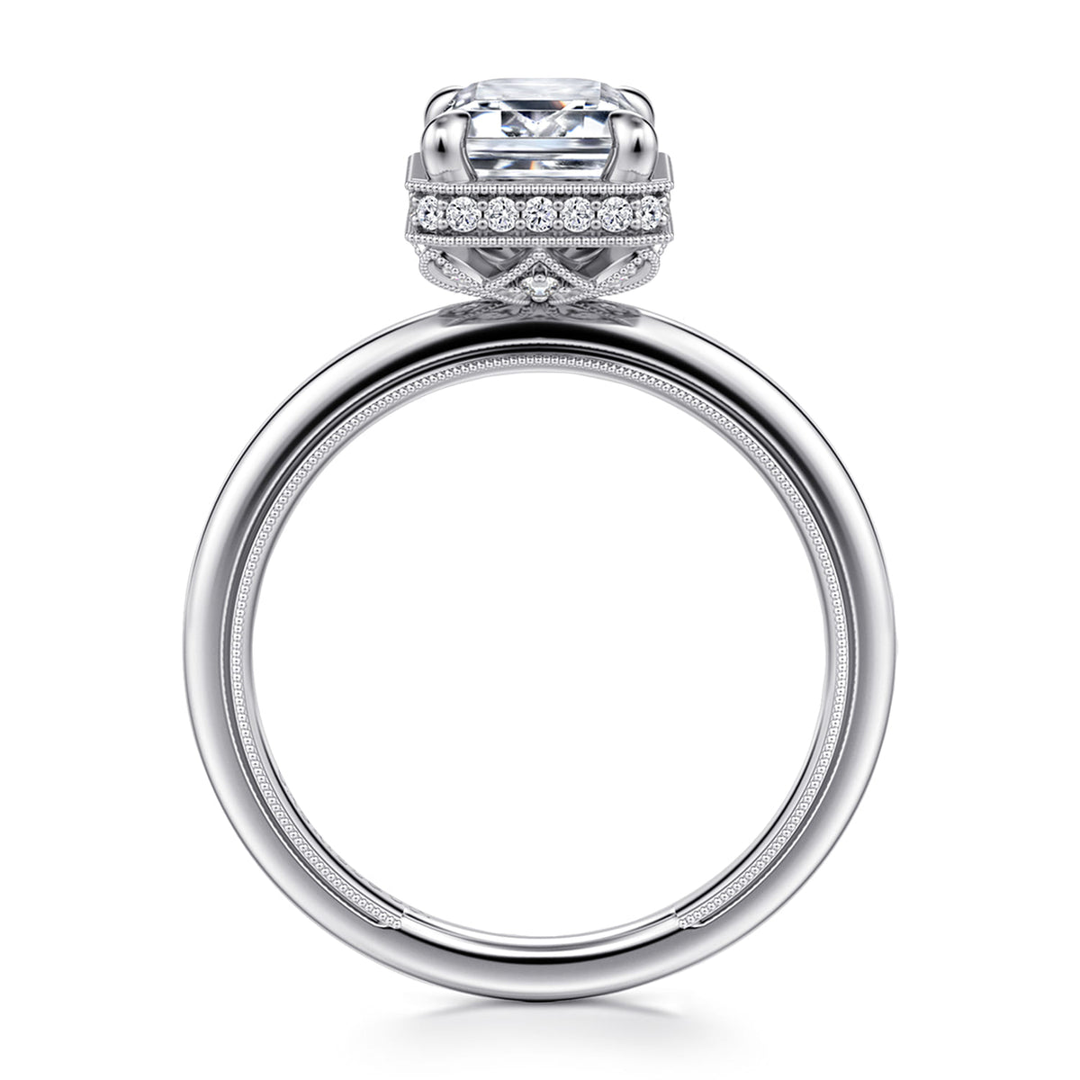 14K White Gold Bezel Prong Emerald Cut  Diamond Engagement Ring — Gabriel & Co. ER16238E8W44JJ; center stone shown for illustration, not included
