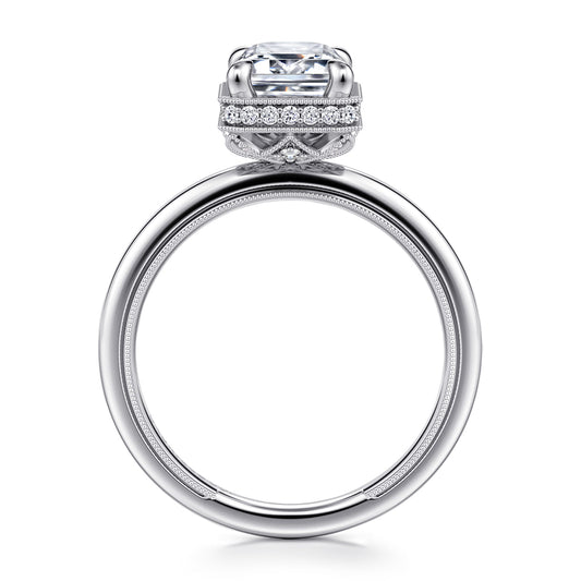 14K White Gold Bezel Prong Emerald Cut  Diamond Engagement Ring — Gabriel & Co. ER16238E8W44JJ; center stone shown for illustration, not included