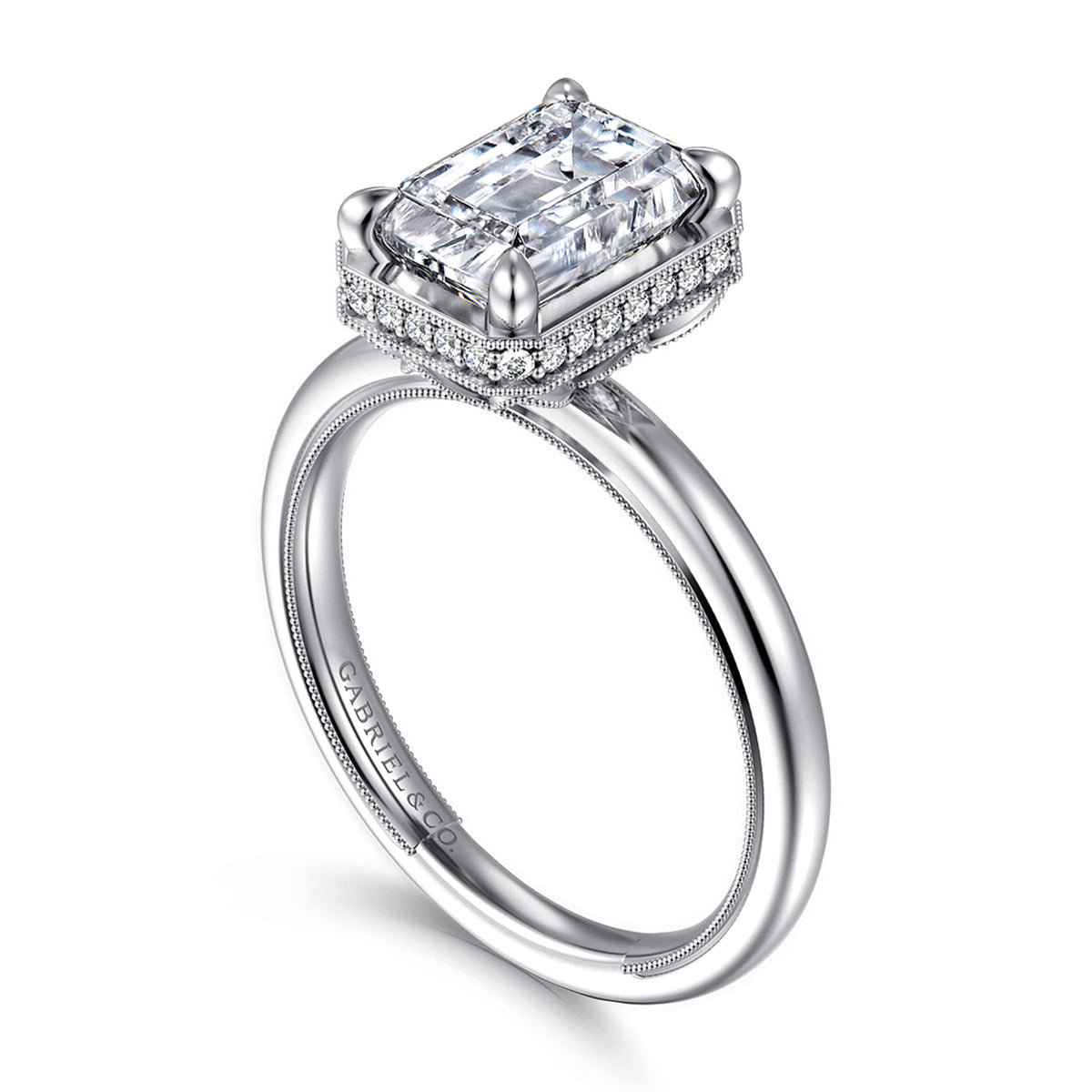 14K White Gold Bezel Prong Emerald Cut  Diamond Engagement Ring — Gabriel & Co. ER16238E8W44JJ; center stone shown for illustration, not included