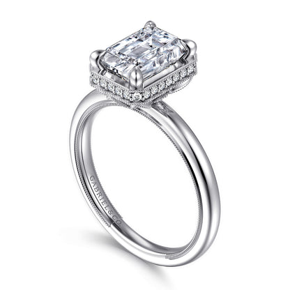 14K White Gold Bezel Prong Emerald Cut  Diamond Engagement Ring — Gabriel & Co. ER16238E8W44JJ; center stone shown for illustration, not included