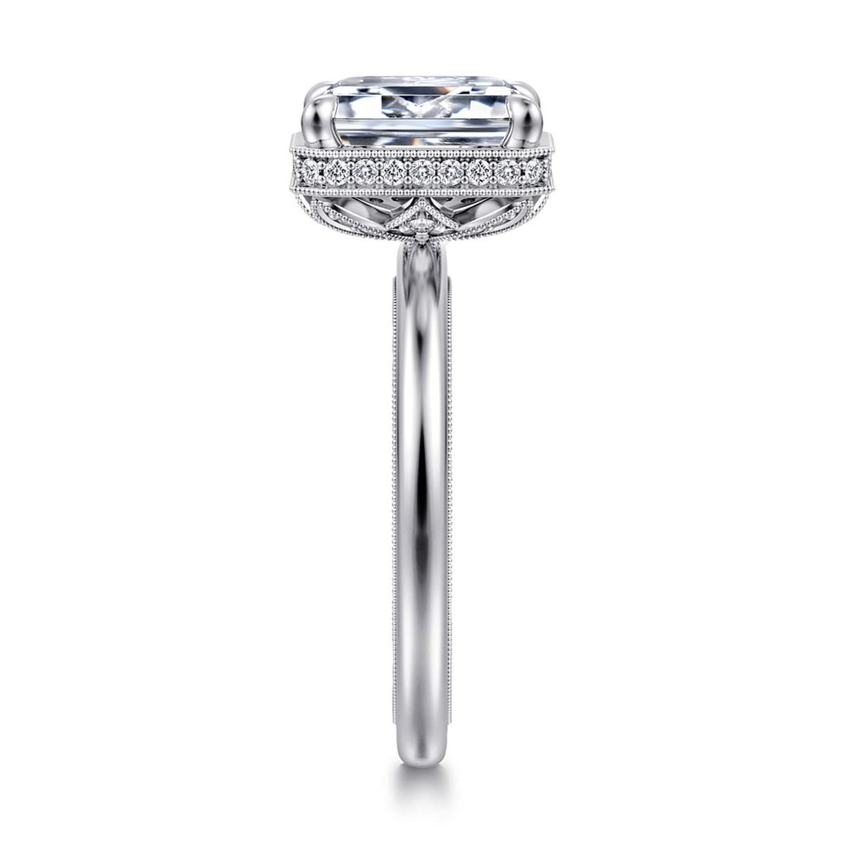 14K White Gold Bezel Prong Emerald Cut  Diamond Engagement Ring — Gabriel & Co. ER16238E8W44JJ; center stone shown for illustration, not included