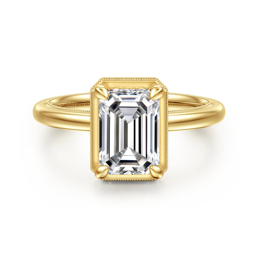 14K Yellow Gold Bezel Prong Emerald Cut  Diamond Engagement Ring — Gabriel & Co. ER16238E8Y44JJ; center stone shown for illustration, not included