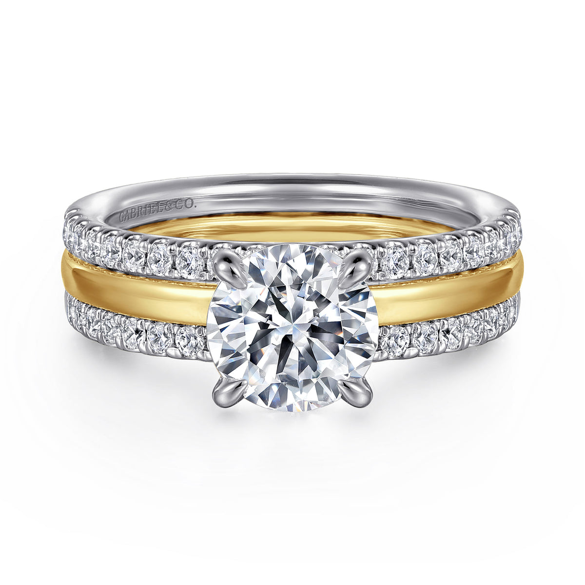 14K White-Yellow Gold Round Diamond Engagement Ring — Gabriel & Co. ER16245R6M44JJ; center stone shown for illustration, not included