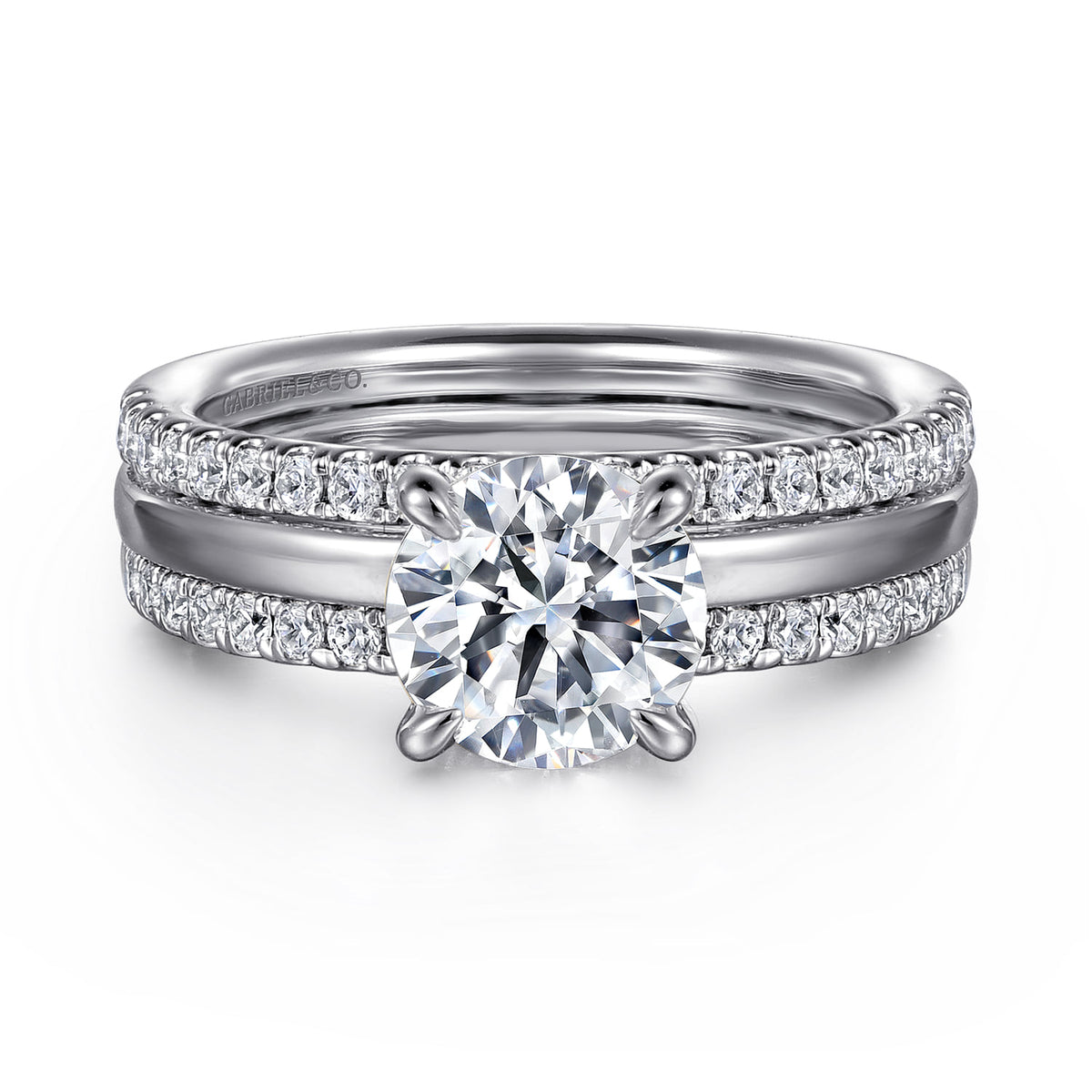 14K White Gold Round Diamond Engagement Ring — Gabriel & Co. ER16245R6W44JJ; center stone shown for illustration, not included