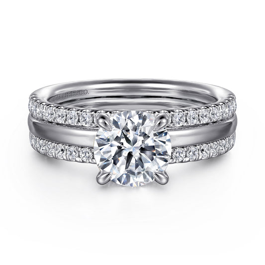 14K White Gold Round Diamond Engagement Ring — Gabriel & Co. ER16245R6W44JJ; center stone shown for illustration, not included