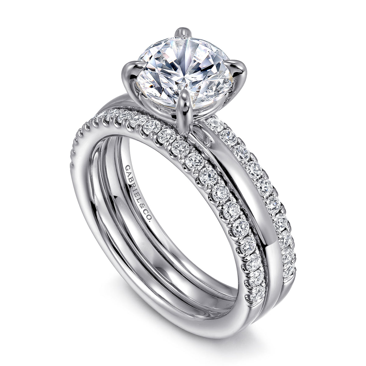14K White Gold Round Diamond Engagement Ring — Gabriel & Co. ER16245R6W44JJ; center stone shown for illustration, not included