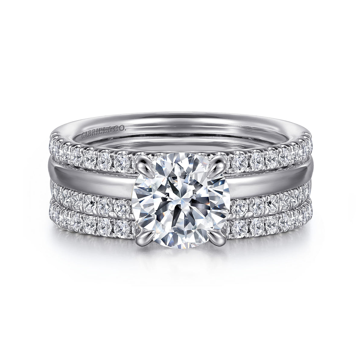 14K White Gold Round Diamond Engagement Ring — Gabriel & Co. ER16245R6W44JJ; center stone shown for illustration, not included