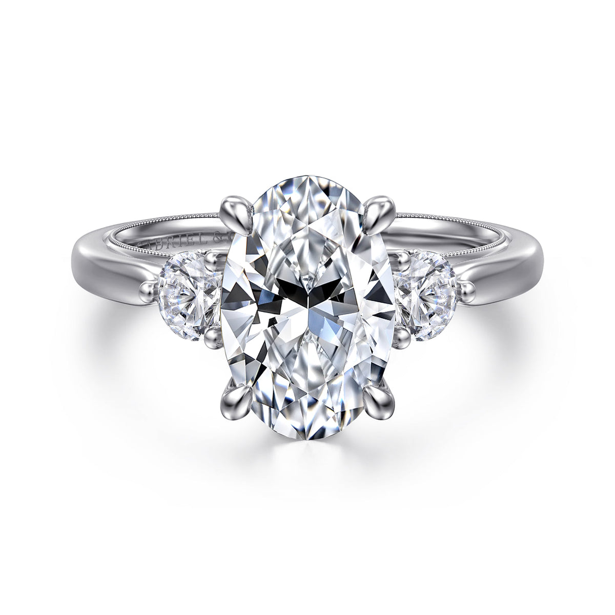 14K White Gold Oval Three Stone Diamond Engagement Ring — Gabriel & Co. ER16252O10W44JJ; center stone shown for illustration, not included