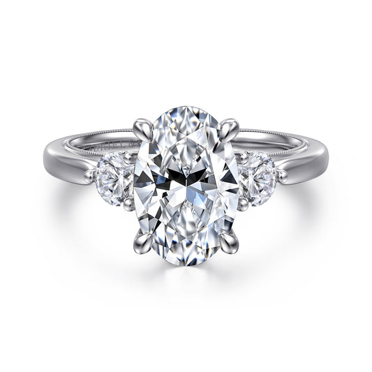 14K White Gold Oval Three Stone Diamond Engagement Ring — Gabriel & Co. ER16252O10W44JJ; center stone shown for illustration, not included
