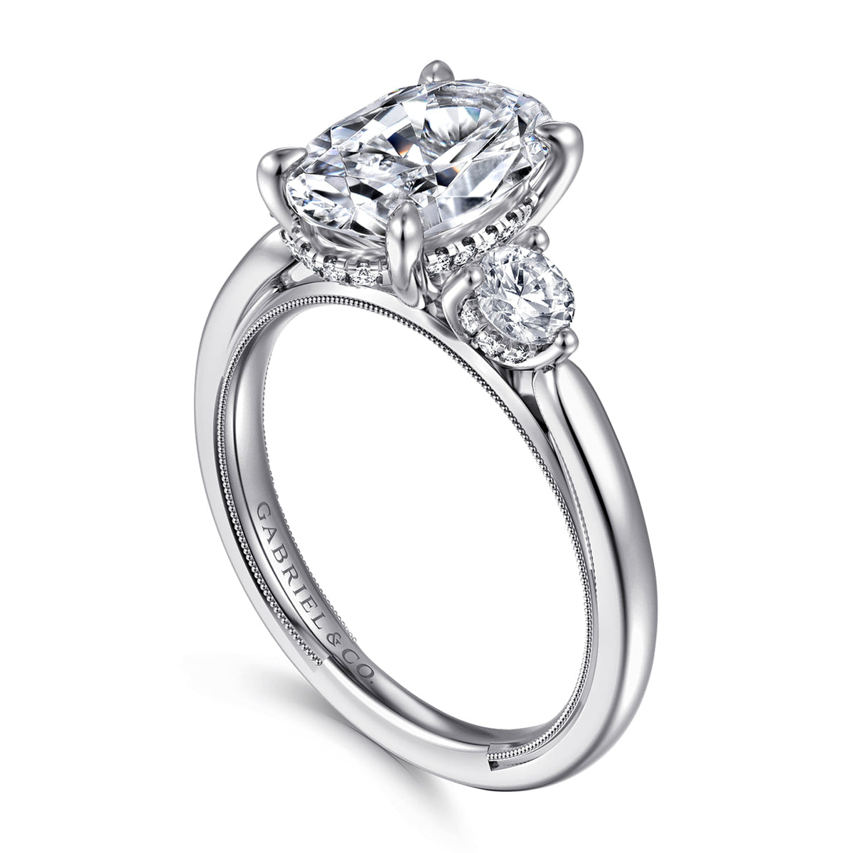 14K White Gold Oval Three Stone Diamond Engagement Ring — Gabriel & Co. ER16252O10W44JJ; center stone shown for illustration, not included