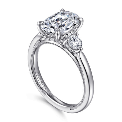 14K White Gold Oval Three Stone Diamond Engagement Ring — Gabriel & Co. ER16252O10W44JJ; center stone shown for illustration, not included