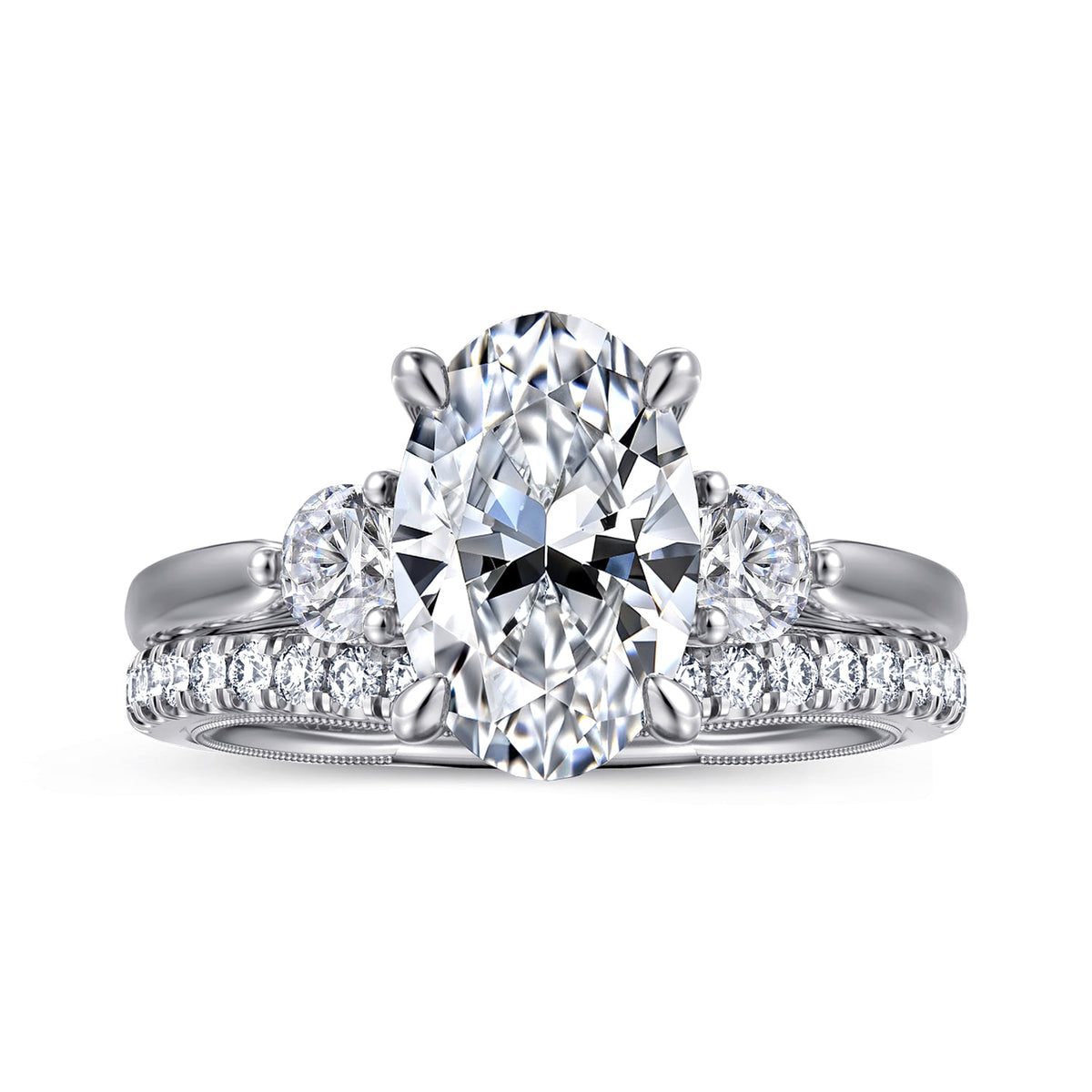 14K White Gold Oval Three Stone Diamond Engagement Ring — Gabriel & Co. ER16252O10W44JJ; center stone shown for illustration, not included
