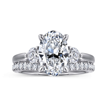 14K White Gold Oval Three Stone Diamond Engagement Ring — Gabriel & Co. ER16252O10W44JJ; center stone shown for illustration, not included