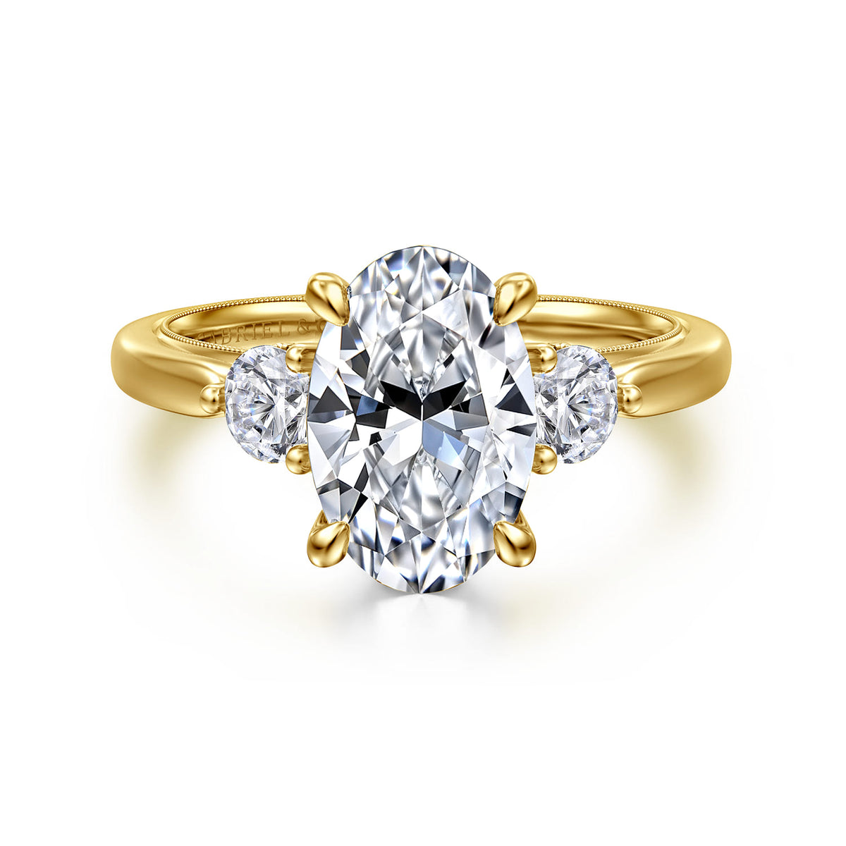 14K Yellow Gold Oval Three Stone Diamond Engagement Ring — Gabriel & Co. ER16252O10Y44JJ; center stone shown for illustration, not included