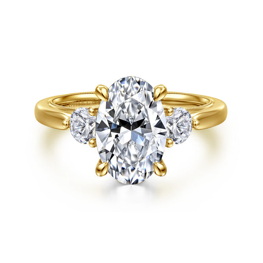 14K Yellow Gold Oval Three Stone Diamond Engagement Ring — Gabriel & Co. ER16252O10Y44JJ; center stone shown for illustration, not included