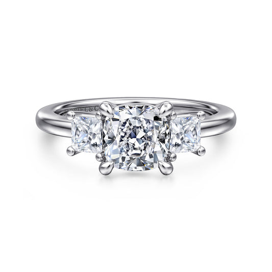 14K White Gold Cushion Cut Three Stone Diamond Engagement Ring — ER16253C6W44JJ; center stone shown for illustration, not included