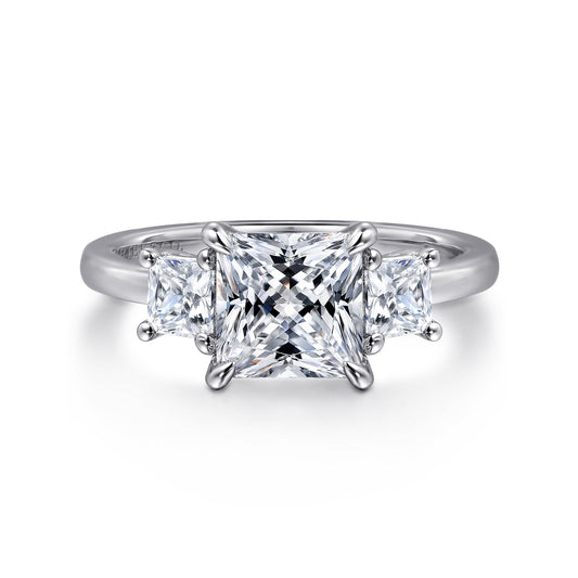 14K White Gold Princess Cut Three Stone Diamond Engagement Ring — Gabriel & Co. ER16253S6W44JJ; center stone shown for illustration, not included
