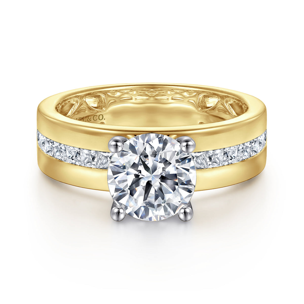 14K Yellow-White Gold Wide Band Round Diamond Engagement Ring — Gabriel & Co. ER16260R6M44JJ; center stone shown for illustration, not included