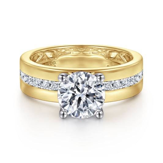 14K Yellow-White Gold Wide Band Round Diamond Engagement Ring — Gabriel & Co. ER16260R6M44JJ; center stone shown for illustration, not included