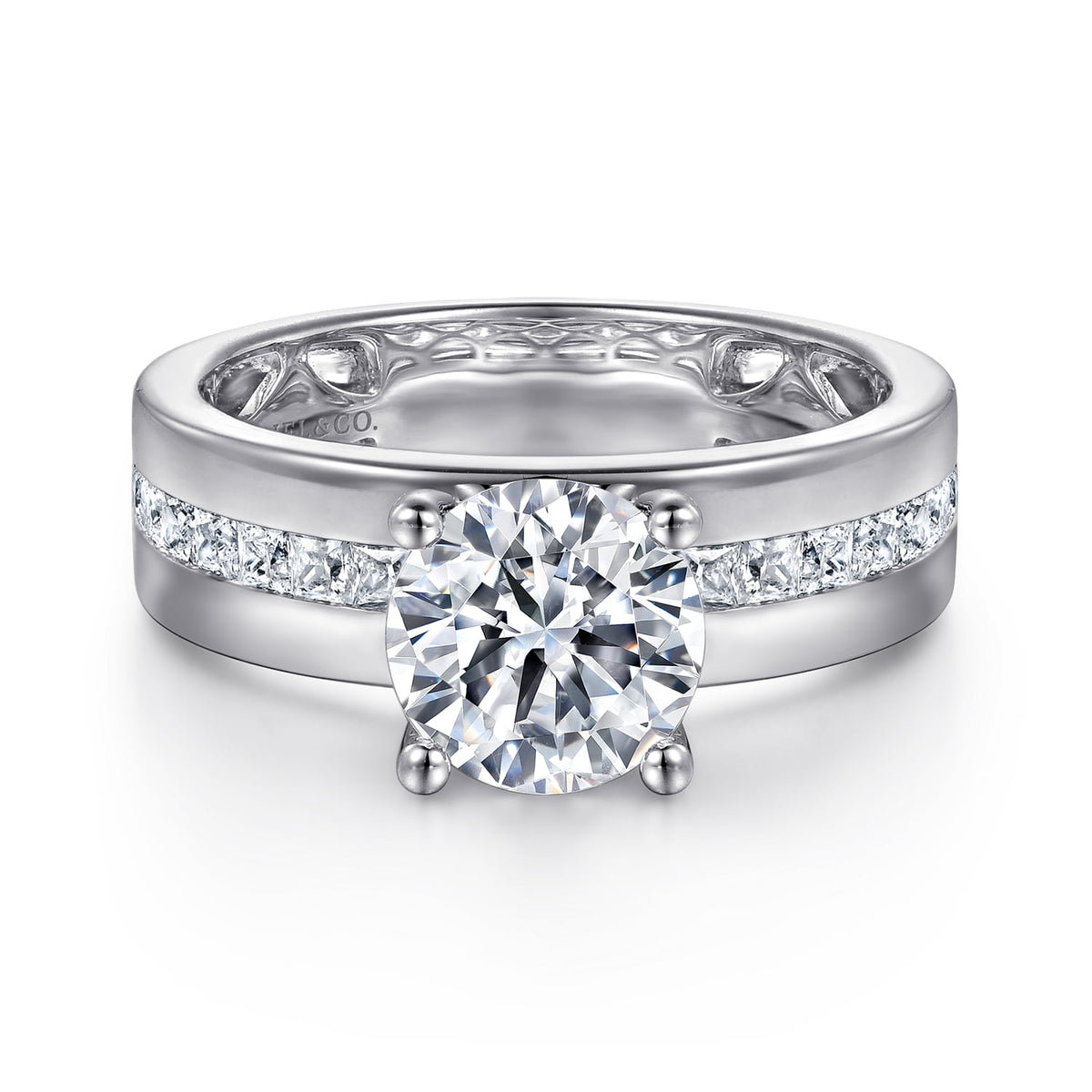 14K White Gold Wide Band Round Diamond Engagement Ring — Gabriel & Co. ER16260R6W44JJ; center stone shown for illustration, not included