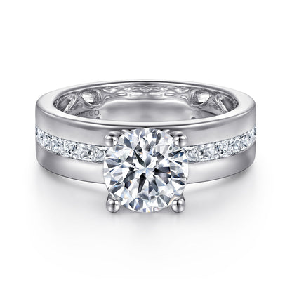 14K White Gold Wide Band Round Diamond Engagement Ring — Gabriel & Co. ER16260R6W44JJ; center stone shown for illustration, not included