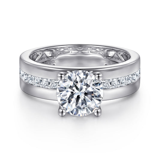 14K White Gold Wide Band Round Diamond Engagement Ring — Gabriel & Co. ER16260R6W44JJ; center stone shown for illustration, not included