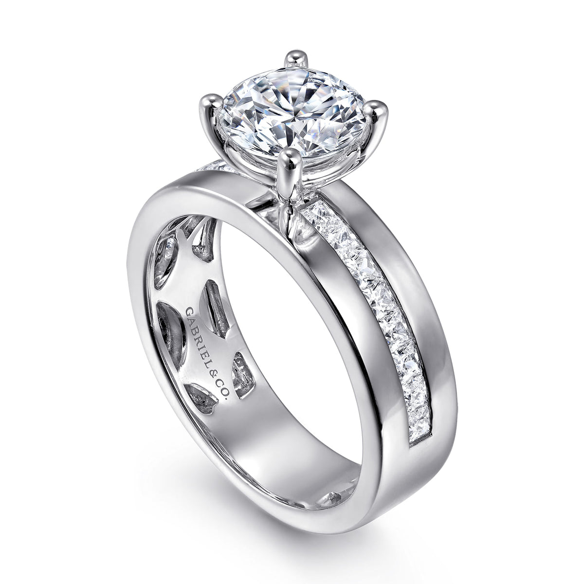 14K White Gold Wide Band Round Diamond Engagement Ring — Gabriel & Co. ER16260R6W44JJ; center stone shown for illustration, not included