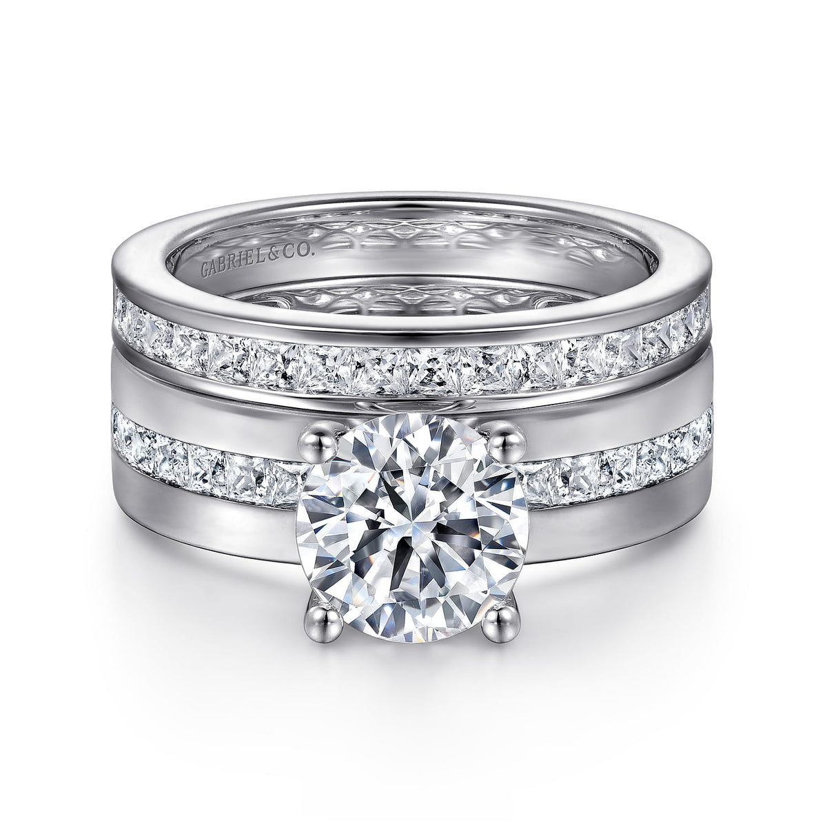 14K White Gold Wide Band Round Diamond Engagement Ring — Gabriel & Co. ER16260R6W44JJ; center stone shown for illustration, not included